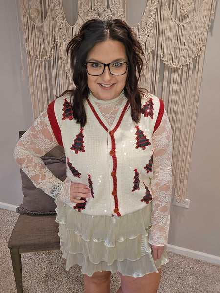 Sequin Ivory Sweater Vest with Plaid Tree Patches