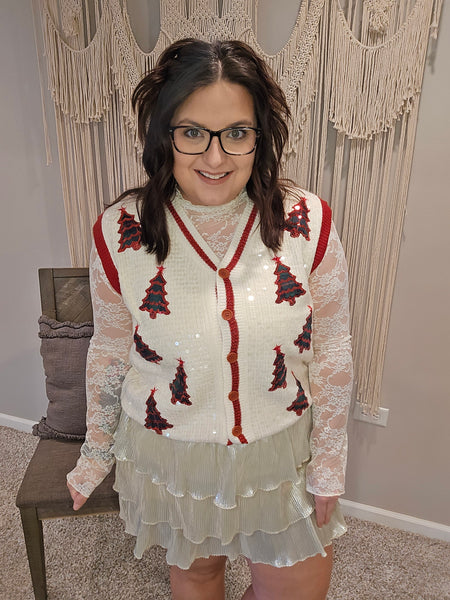 Sequin Ivory Sweater Vest with Plaid Tree Patches