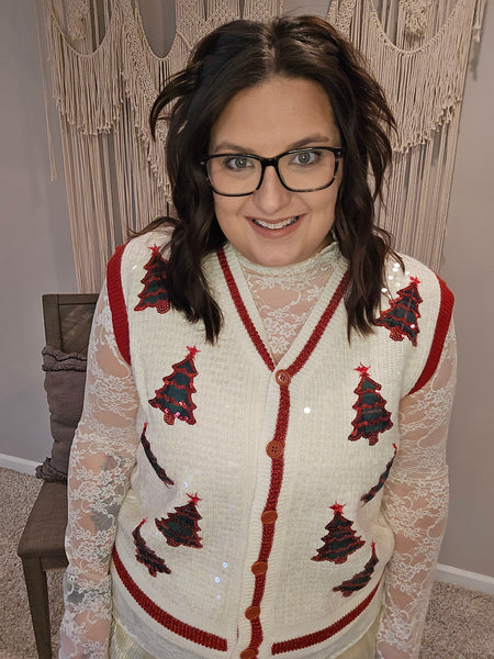Sequin Ivory Sweater Vest with Plaid Tree Patches