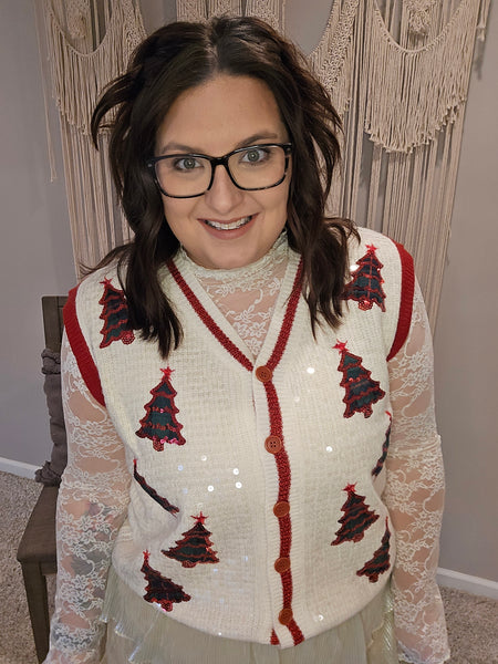 Sequin Ivory Sweater Vest with Plaid Tree Patches