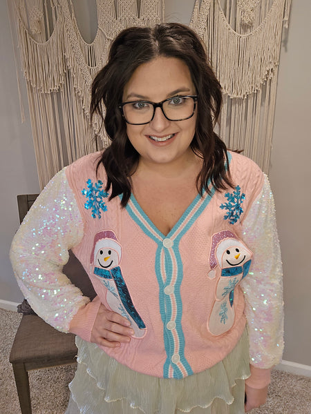 Snowman Cardigan with Sequin Sleeves