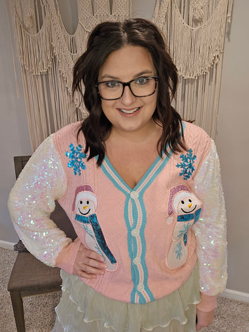 Snowman Cardigan with Sequin Sleeves