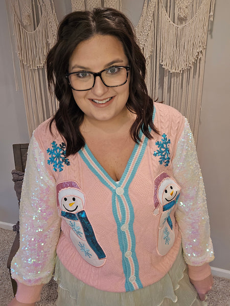 Snowman Cardigan with Sequin Sleeves