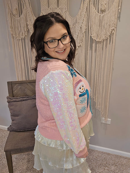 Snowman Cardigan with Sequin Sleeves