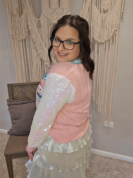 Snowman Cardigan with Sequin Sleeves