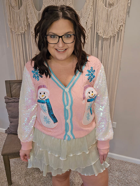 Snowman Cardigan with Sequin Sleeves