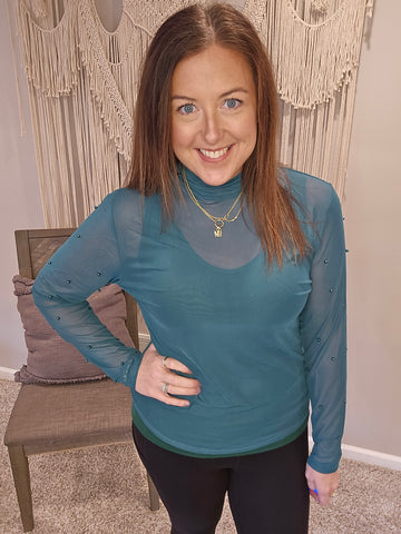 Mock Neck Mesh Top with Pearl Detail