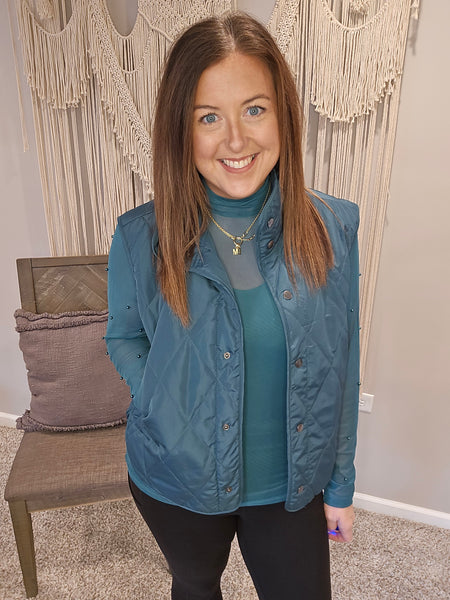 Mock Neck Mesh Top with Pearl Detail