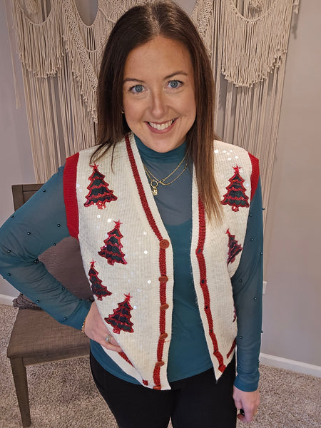 Sequin Ivory Sweater Vest with Plaid Tree Patches
