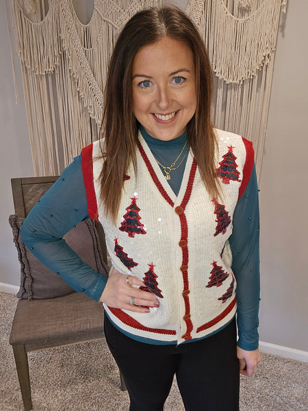 Sequin Ivory Sweater Vest with Plaid Tree Patches