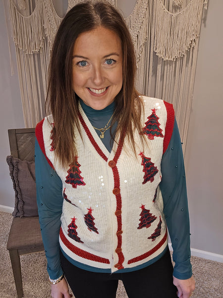 Sequin Ivory Sweater Vest with Plaid Tree Patches