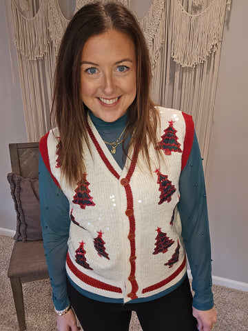 Sequin Ivory Sweater Vest with Plaid Tree Patches