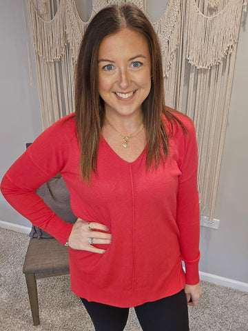 V-Neck Front Seam Sweater - Red