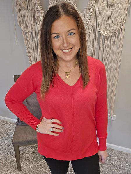 V-Neck Front Seam Sweater - Red