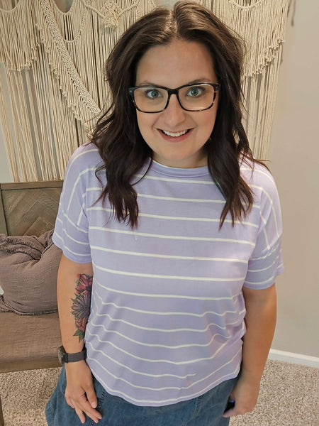 Leah Loose Fit Striped Tee - Lilac Purple