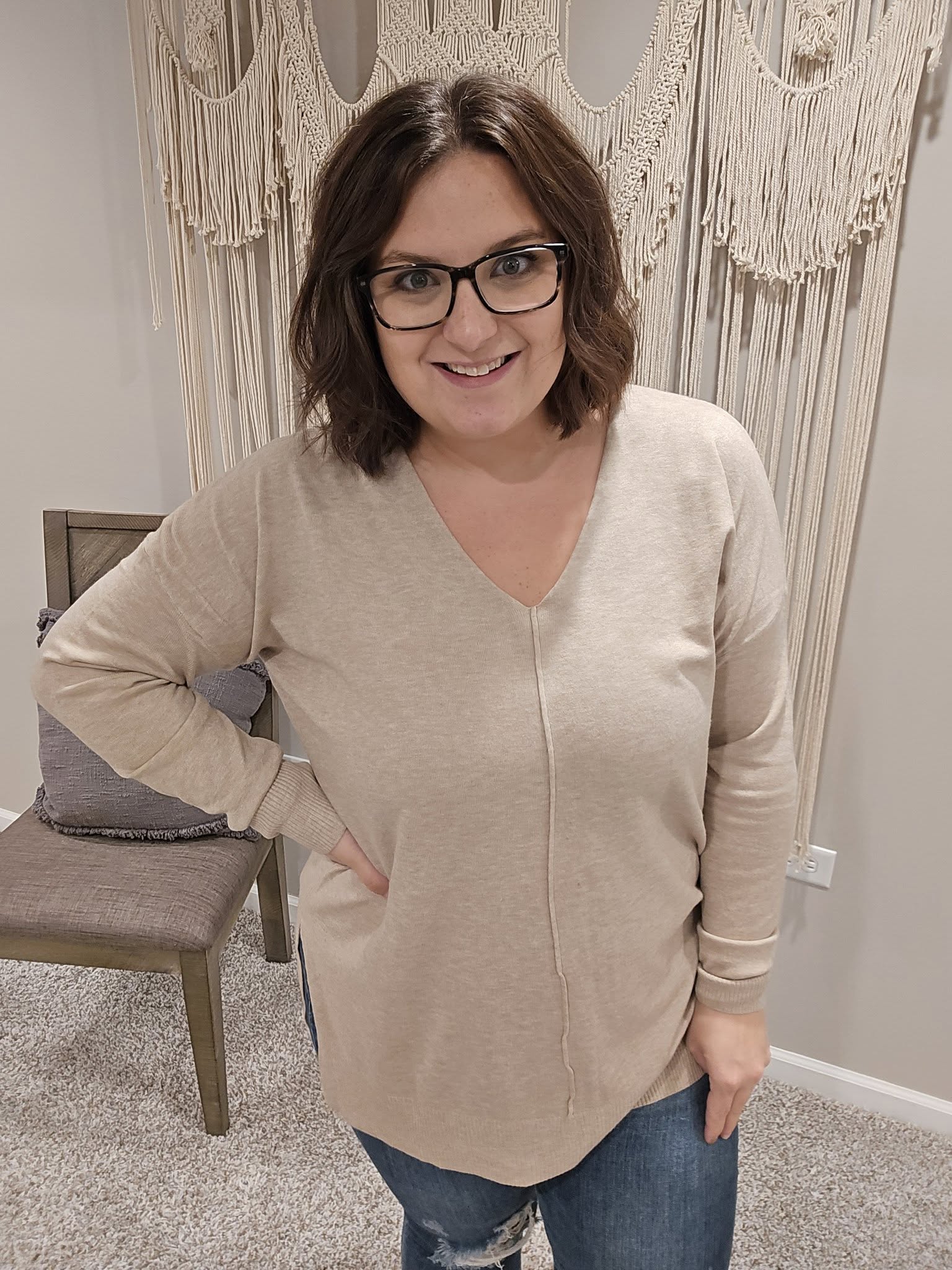 V-Neck Front Seam Sweater in Ash Mocha