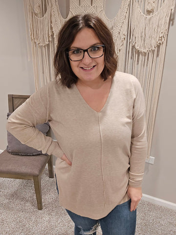 V-Neck Front Seam Sweater in Ash Mocha