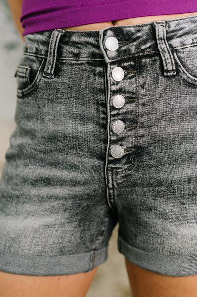 Greyson High Rise Button Fly Cuffed Shorts in Grey