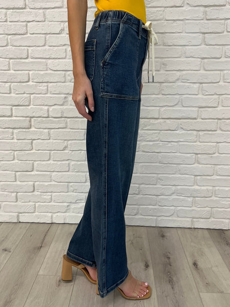Melanie High Rise Drawstring Wide Leg Jeans