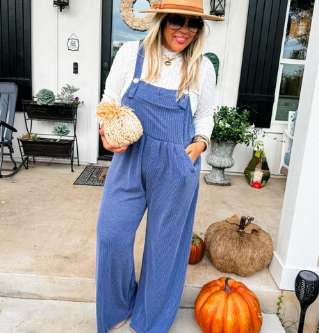 Karli Boho Ribbed Overalls - Blue