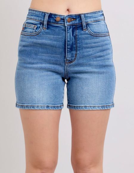 Brianna Mid Rise Double Button Mid Length Denim Shorts