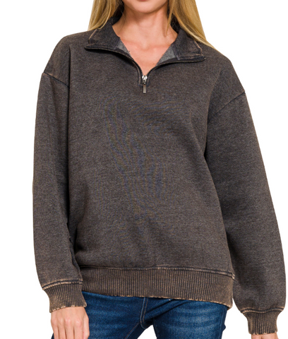 Austin Acid Wash Half Zip Pullover Sweater - Black