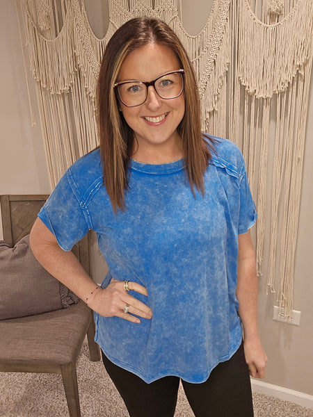 Rachel Ribbed Short Sleeve Tee - Ocean Blue