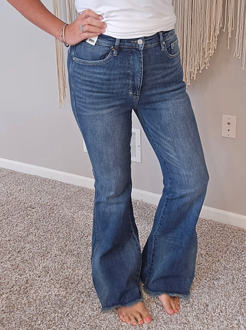 Miley High Waist Control Top Frayed Hem Flare Jeans