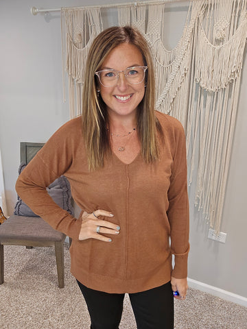 V-Neck Front Seam Sweater in Deep Camel