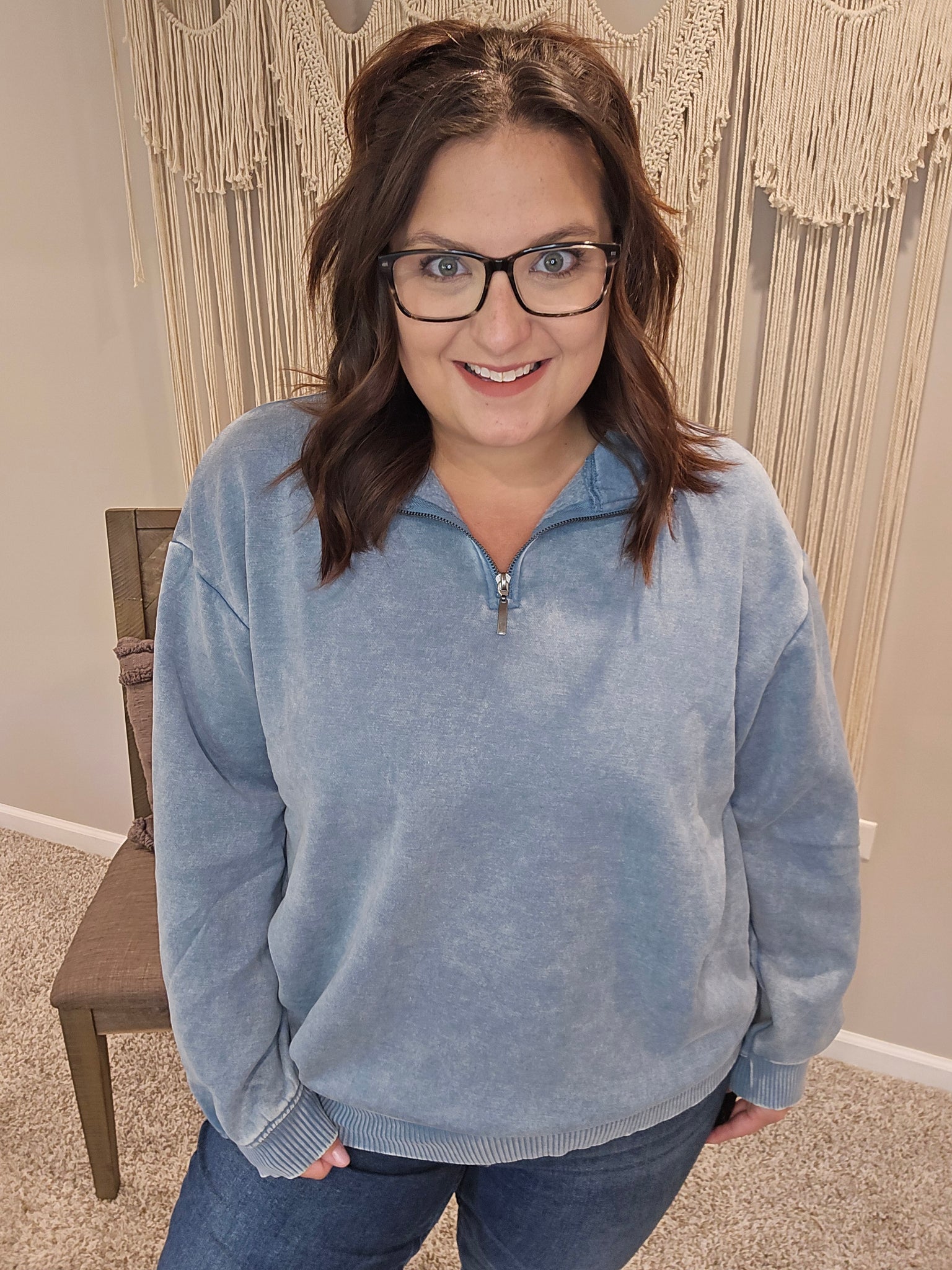 Austin Acid Wash Half Zip Pullover Sweater - Blue Gray