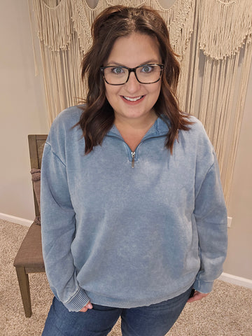 Austin Acid Wash Half Zip Pullover Sweater - Blue Gray