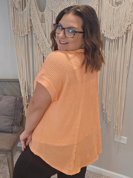 Raelynn Round Neck Waffle Top - Neon Coral