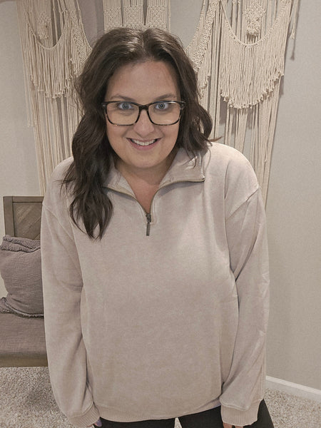 Austin Acid Wash Half Zip Pullover Sweater - Light Mocha