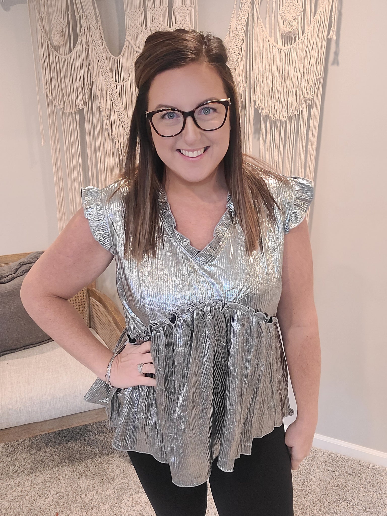 Shine On Metallic Peplum Top