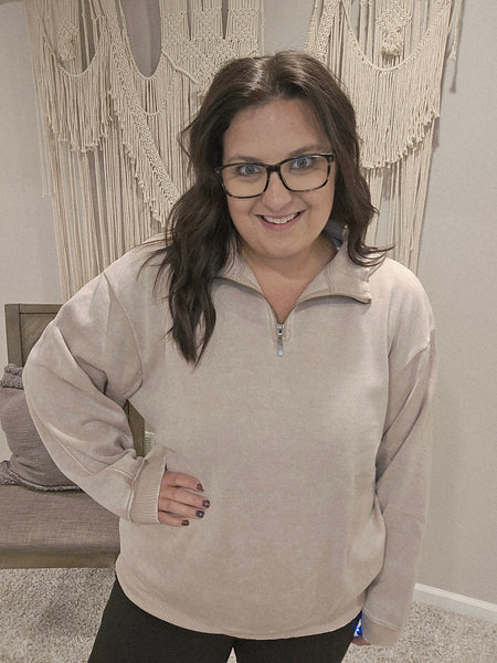Austin Acid Wash Half Zip Pullover Sweater - Light Mocha
