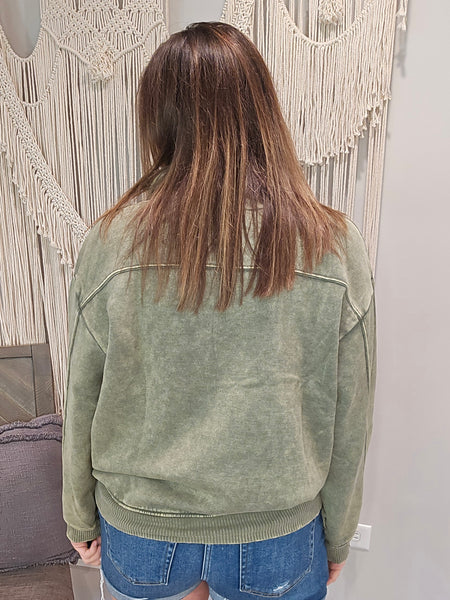 Austin Acid Wash Half Zip Pullover Sweater - Olive Green