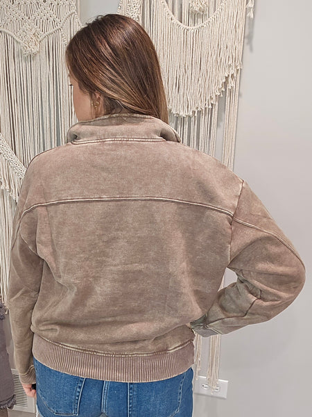 Austin Acid Wash Half Zip Pullover Sweater - Mocha