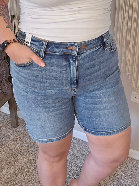 Brianna Mid Rise Double Button Mid Length Denim Shorts