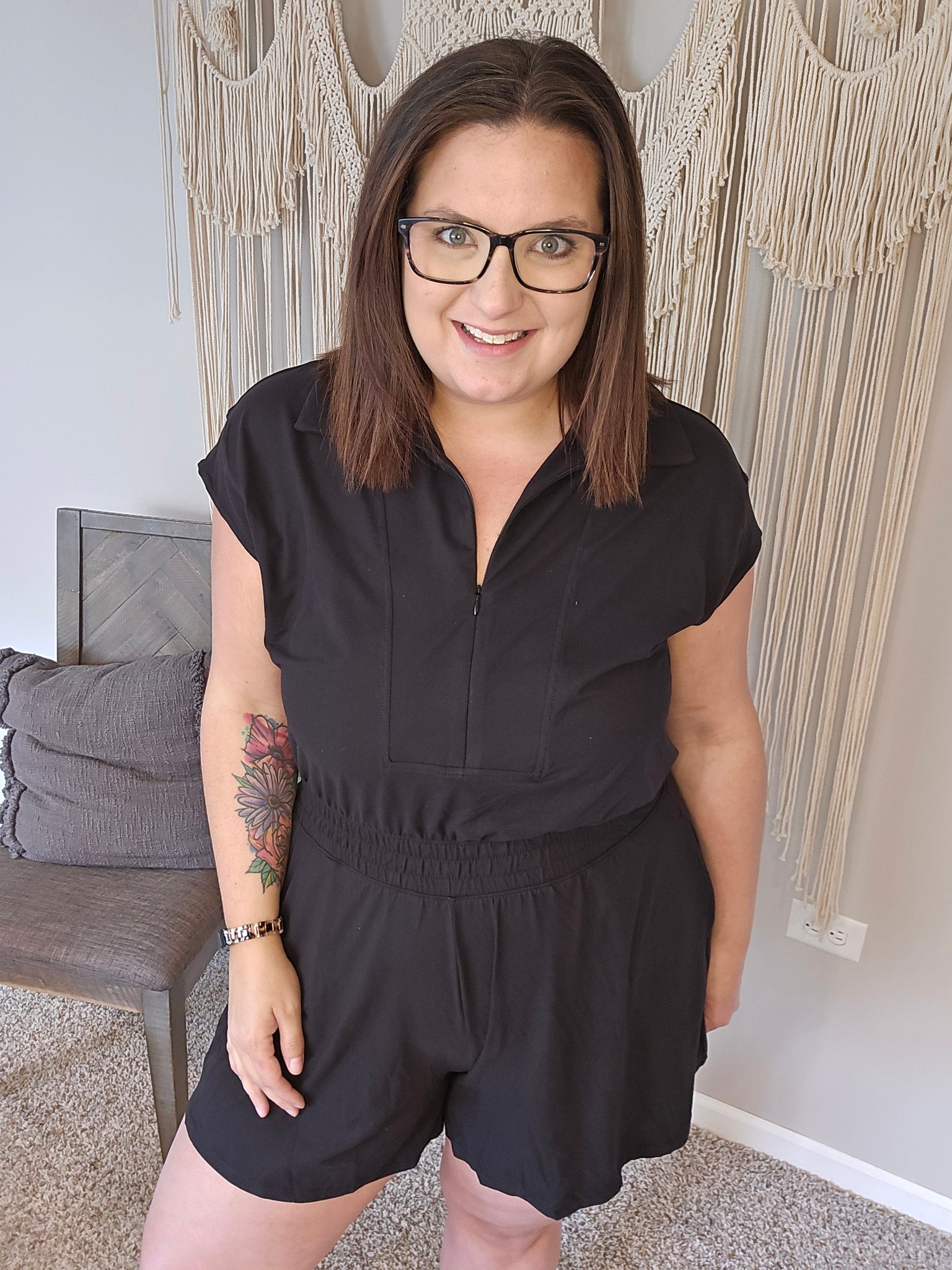 Kacie's Favorite Quarter Zip Romper Dress - Black