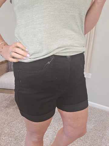 Meghan High Rise Cuffed Black Denim Shorts