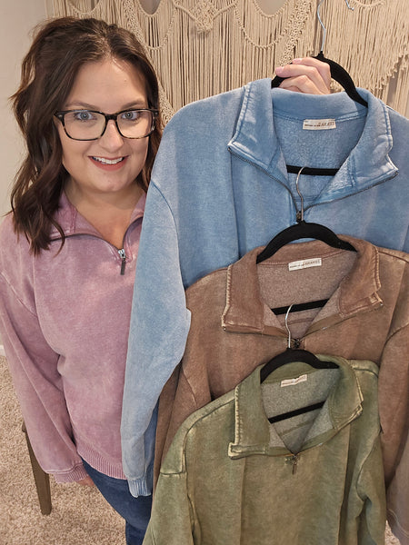 Austin Acid Wash Half Zip Pullover Sweater - Blue Gray