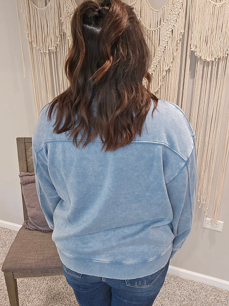 Austin Acid Wash Half Zip Pullover Sweater - Blue Gray
