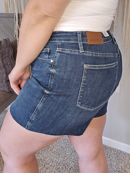 Bethany High Rise Criss Cross Waistband Denim Shorts