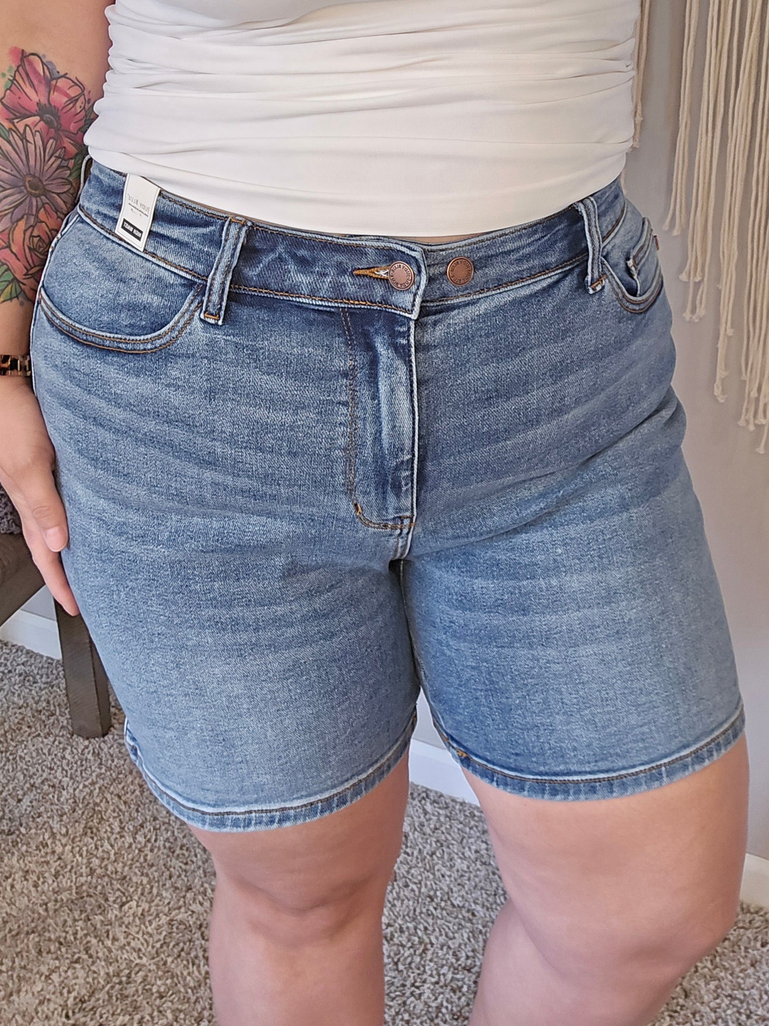 Brianna Mid Rise Double Button Mid Length Denim Shorts