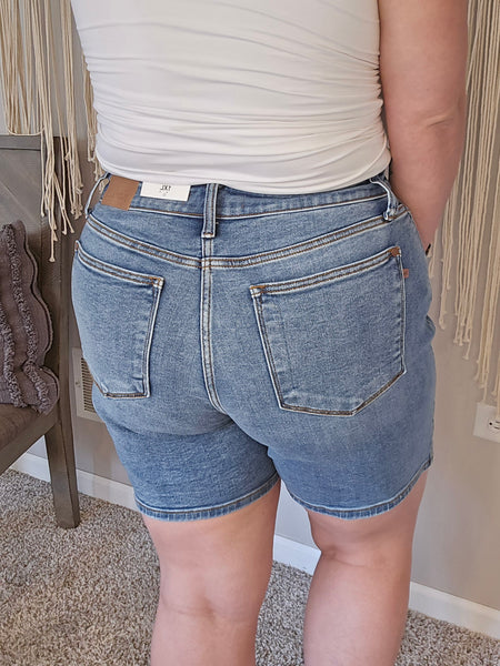 Brianna Mid Rise Double Button Mid Length Denim Shorts