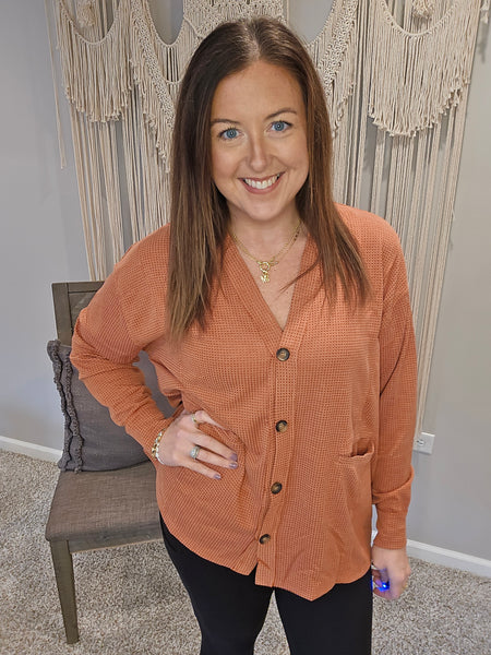 Sunday Waffle Knit Button Cardigan - Rust
