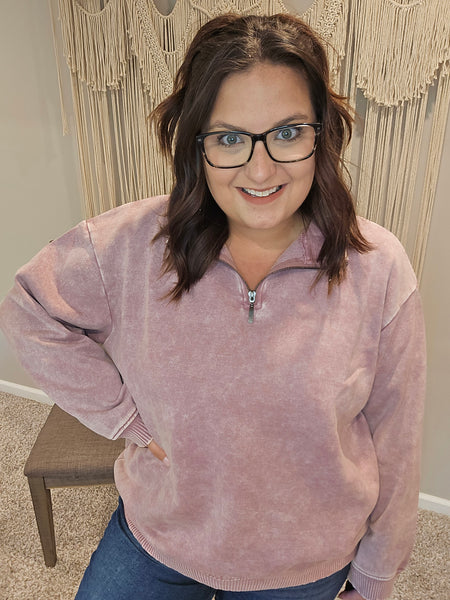 Austin Acid Wash Half Zip Pullover Sweater - Light Rose