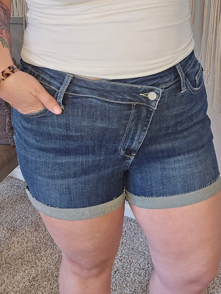 Bethany High Rise Criss Cross Waistband Denim Shorts