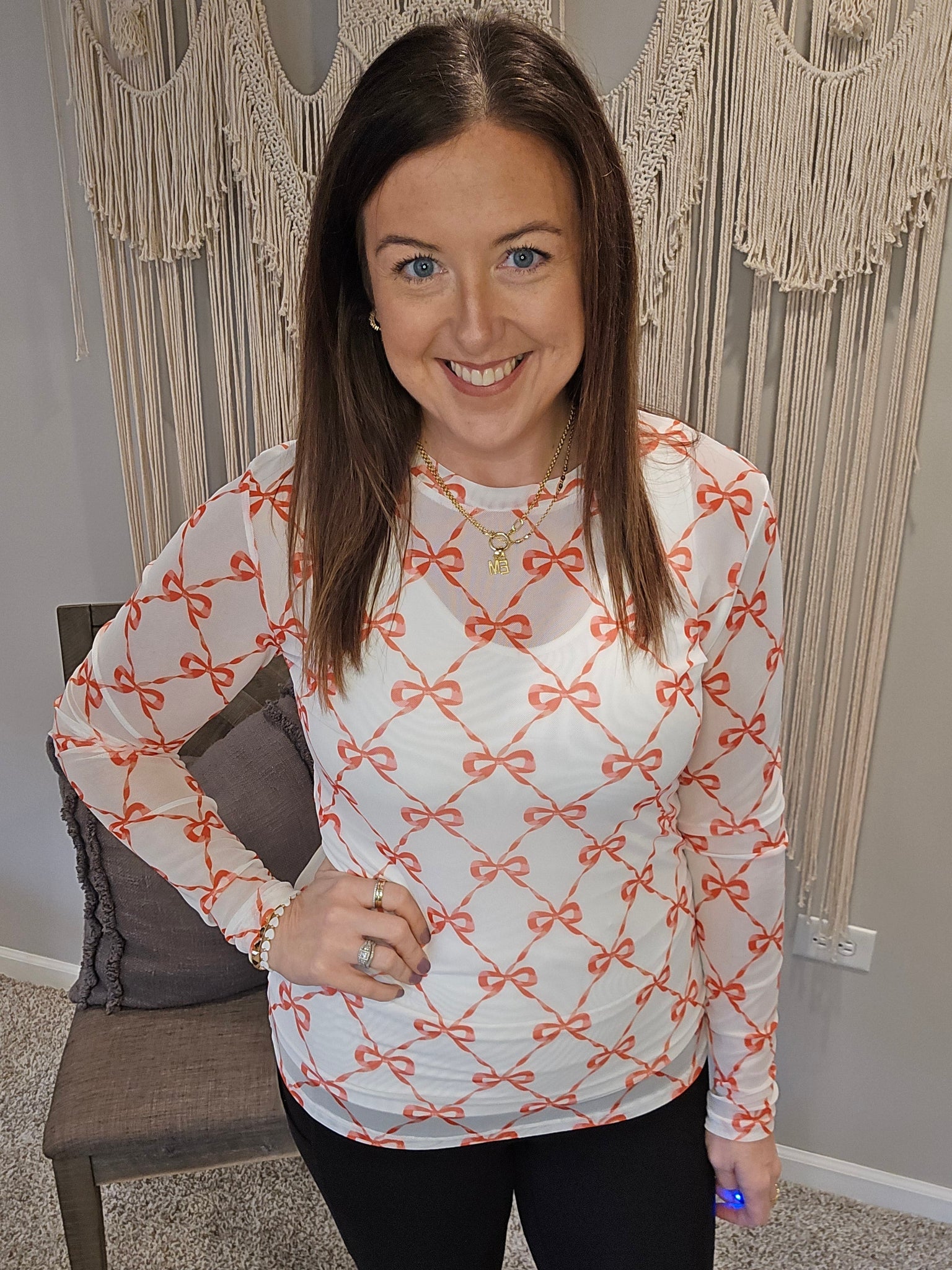 Dress It Up Long Sleeve Mesh Top - Red Bows