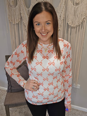 Dress It Up Long Sleeve Mesh Top - Red Bows